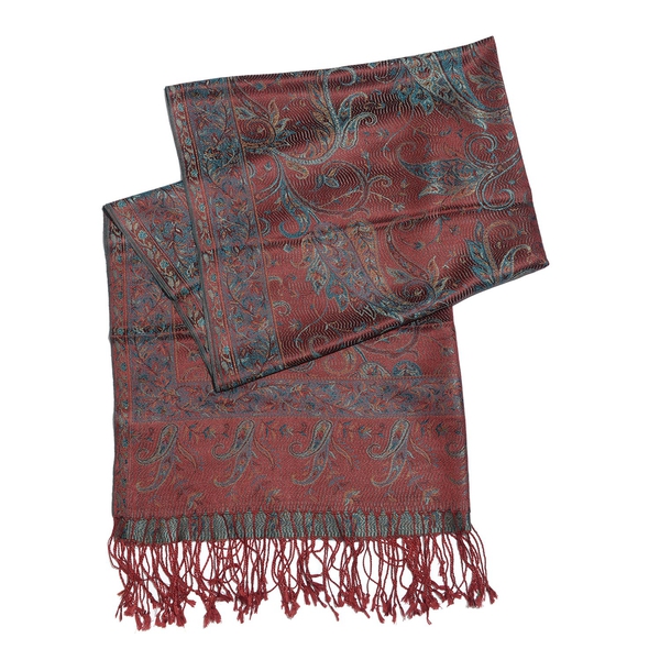 SILK MARK - 100% Superfine Silk Green and Multi Colour Paisley and Leaves Pattern Red Colour Jacquard Jamawar Scarf with Fringes (Size 180x70 Cm) (Weight 125-140 Grams)