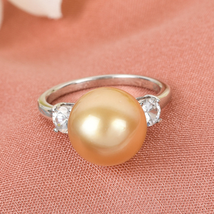Golden South Sea Pearl and Natural Cambodian Zircon Ring in Platinum Overlay Sterling Silver