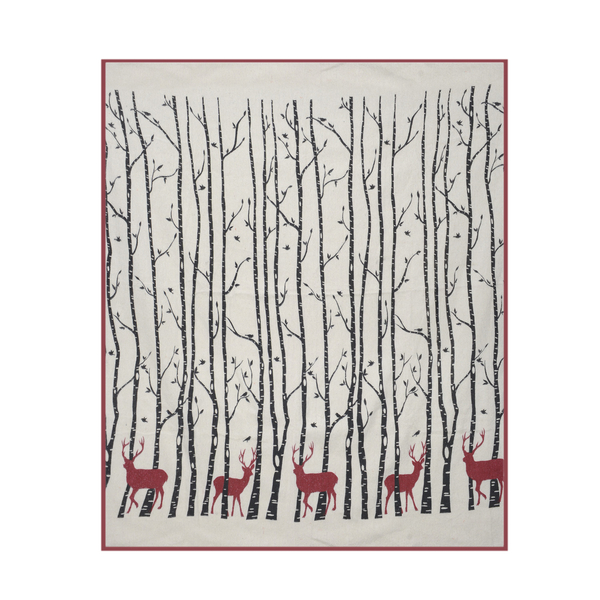 100% Cotton Red and Black Colour Reindeer, Tree and Birds Pattern White Colour Plaid (Size 150x120 C