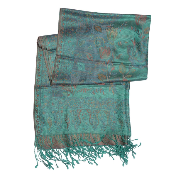 SILK MARK - 100% Superfine Silk Red and Multi Colour Floral and Leaves Pattern Turquoise Colour Jacquard Jamawar Scarf with Fringes (Size 180x70 Cm) (Weight 125-140 Grams)