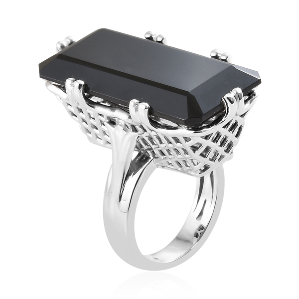 Extremely Rare Size Boi Ploi Black Spinel (Oct 30x15 mm) Ring in Platinum Overlay Sterling Silver 41.000 Ct,