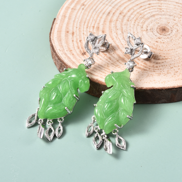 Green Jade and Natural Cambodian Zircon Parrot Design Earrings (with Push Back) in Rhodium Overlay Sterling Silver 25.30 Ct.