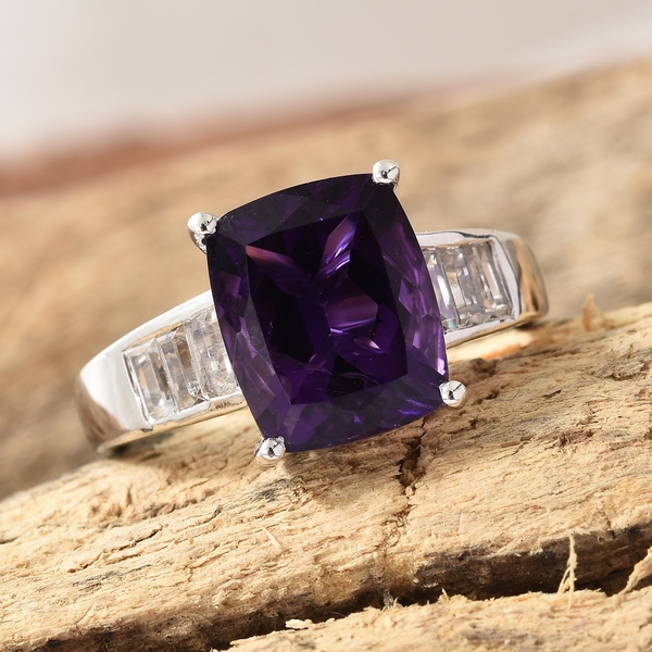 Lusaka Amethyst (Cush 5.25 Ct), Natural Cambodian Zircon Ring in Platinum Overlay Sterling Silver 6.250 Ct.