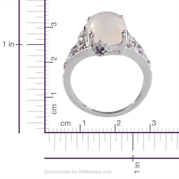 Rainbow Moonstone (Cush 6.75 Ct),Tanzanite Ring in Platinum Overlay Sterling Silver 7.150 Ct.