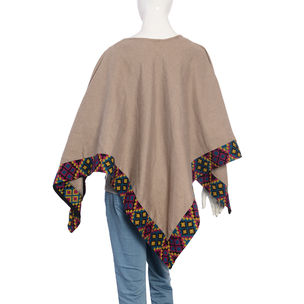 Hand Woven Traditional Kullu Weave Poncho with Woollen Border Free Size Khaki and Multi Colour
