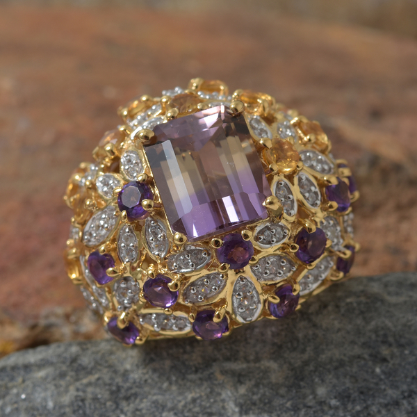 AAA  Anahi Ametrine (Oct 4.80 Ct), Amethyst and Multi Gem Stone Cluster Ring in 14K Gold Overlay Sterling Silver Ring 8.750 Ct, Silver wt 11.44 Gms.