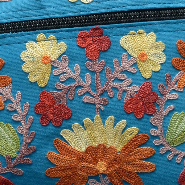 Blue and Multi Colour Flowers and Leaves Cashmere Hand Embroidered Bag with External Zipper Pocket and Shoulder Strap (25x21 Cm)