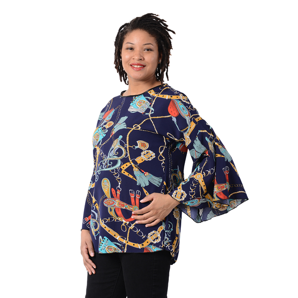 Stylish Buckle Chain Pattern Bell Long Sleeves Women Top (Size:54x73Cm) - Navy and Multi