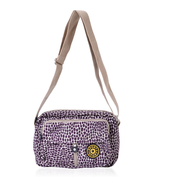 Cream and Purple Colour Dots Pattern Waterproof Sport Bag with External Zipper Pocket and Adjustable Shoulder Strap ( Size- 21.5 x 7x17cm)