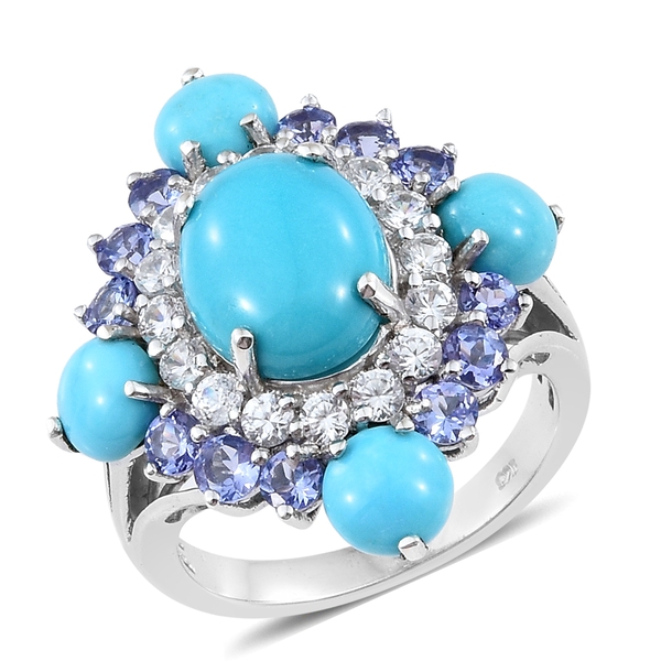 9.25 Ct Sleeping Beauty Turquoise and Multi Gemstone Floral Ring in Platinum Plated Silver