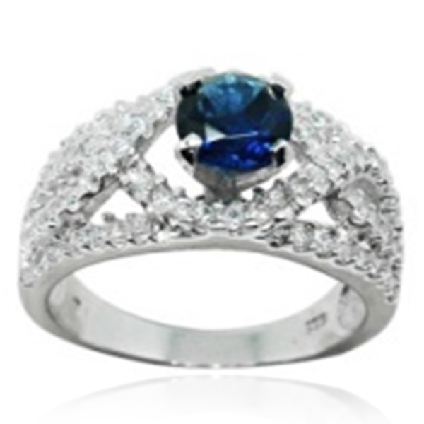 AAA Simulated Blue Sapphire (Rnd), Simulated Diamond Ring in Rhodium Plated Sterling Silver