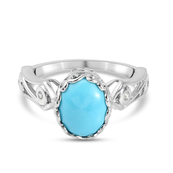 Arizona Sleeping Beauty Turquoise and Natural Cambodian Zircon Ring in Platinum Overlay Sterling Sil