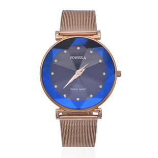 JOWISSA SWISS Ronda Diamond Cut and Crystal Studded Blue Enamel Dial FACET Watch with Rose Gold Tone Mesh Band