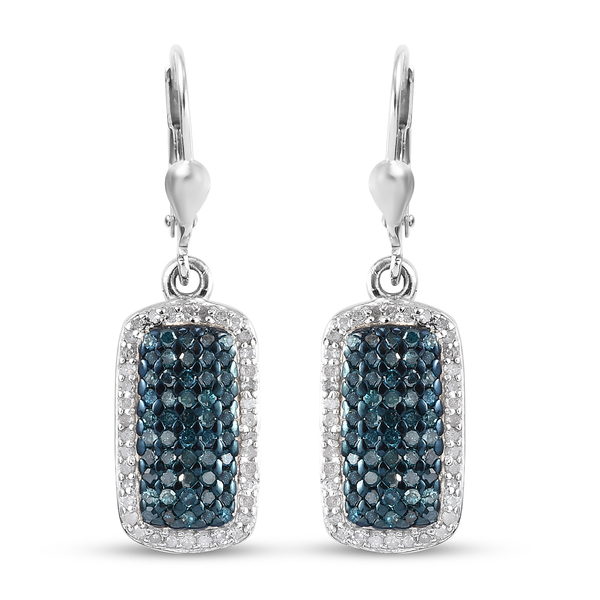 Blue Diamond and White Diamond Cluster Lever Back Earrings in Platinum Overlay Sterling Silver 1.00 
