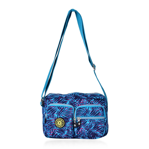 Designer Inspired Blue and Pink Colour Leaves Pattern Blue Colour Handbag with External Zipper Pocke