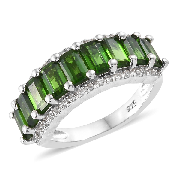Chrome Diopside (Oct), Natural Cambodian Zircon Ring in Platinum Overlay Sterling Silver 3.500 Ct.