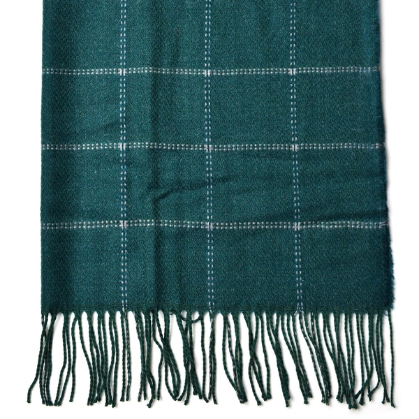 Close Out Deal - Italian Designer Green Colour Checks Pattern Scarf with Tassels (Size 190X87 Cm)