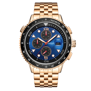 GAMAGES OF LONDON Limited Edition Hand Assembled Rally Timer Automatic Movement Blue Dial Water Resistant Watch with Rose Gold Colour Chain Strap
