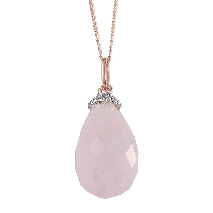 Briolette Cut Rose Quartz and Diamond Pendant With Chain in Platinum and Rose Gold Overlay Sterling 