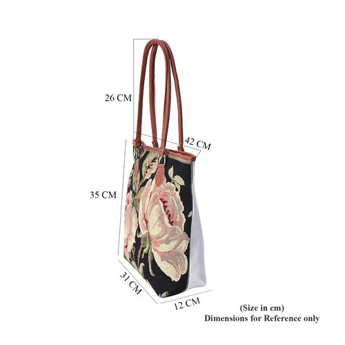 Black Floral Pattern Tote Bag Size 42x31x12x35 Cm with Zipper Closure - 3427832 - TJC