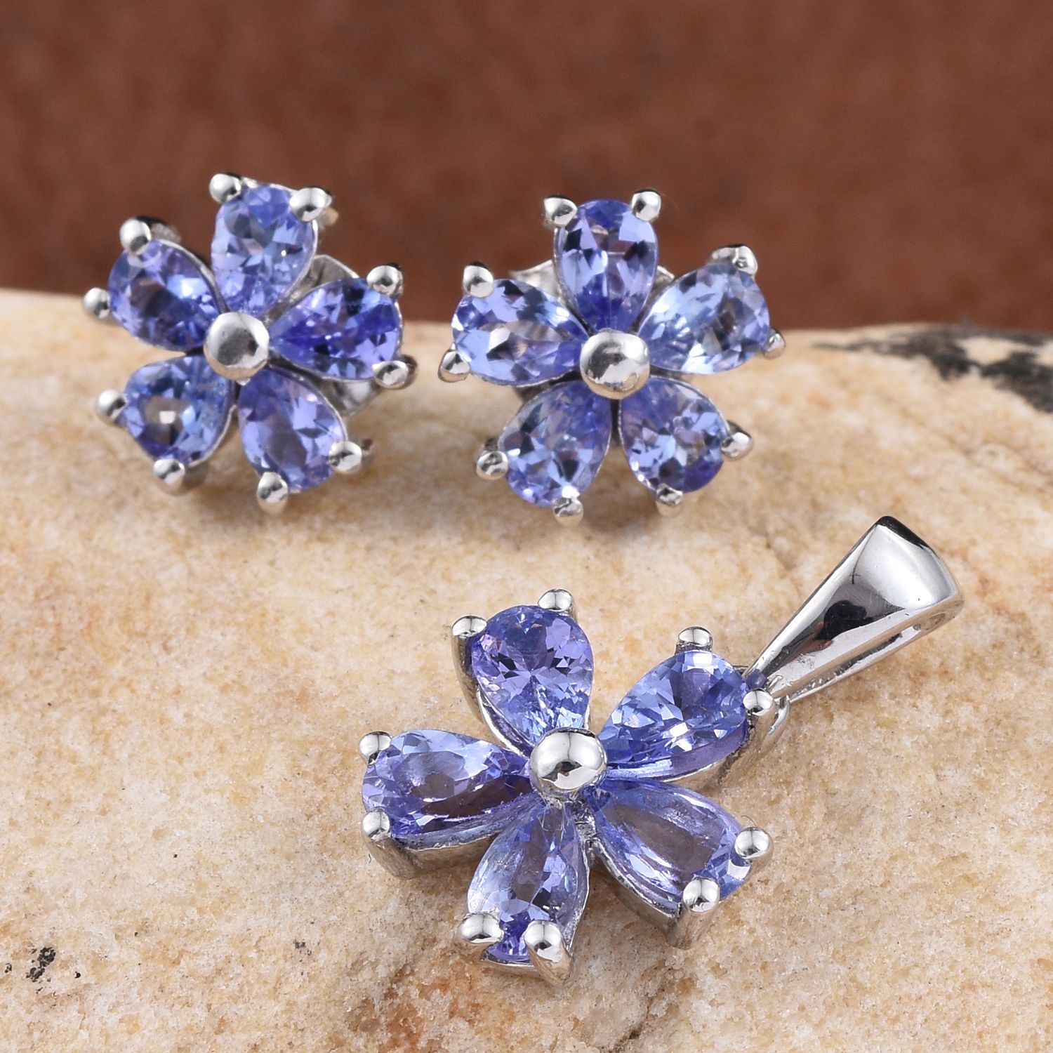 Tanzanite (Pear) Floral Pendant and Floral Stud Earrings (with Push Back) in Platinum Overlay Sterling Silver 2.500 Ct.
