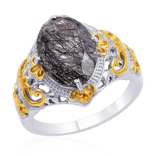 Designer Collection Black Rutile Quartz (Ovl) Solitaire Ring in 14K YG and Platinum Overlay Sterling