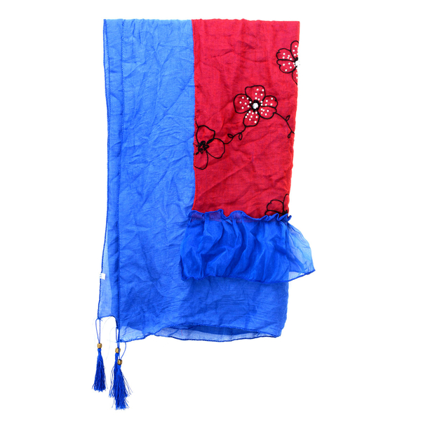 Floral Pattern Blue and Red Colour Scarf with Resin Crystal (Size 180x70 Cm)