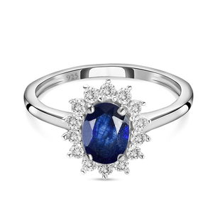Fissure Filled Blue Sapphire (FF) and Natural Cambodian Zircon Ring in Platinum Overlay Sterling Sil