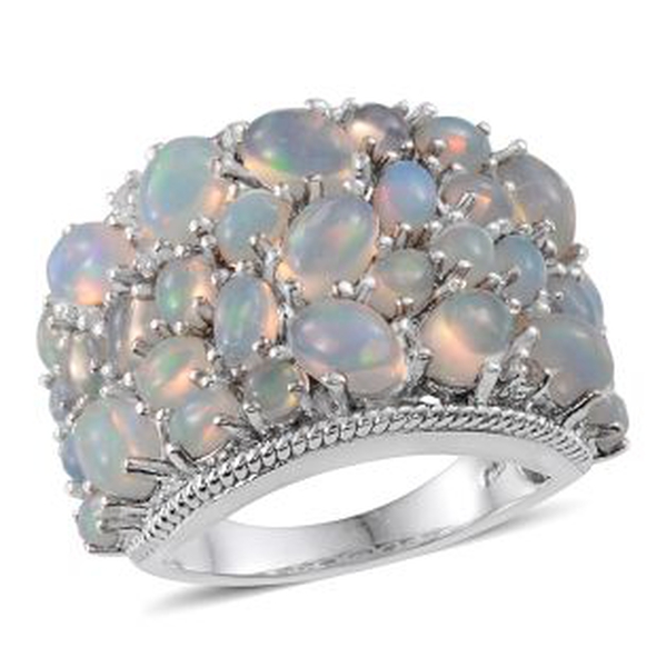 Ethiopian Welo Opal (Ovl), White Topaz Cluster Ring in Platinum Overlay Sterling Silver 7.900 Ct.