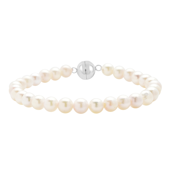 TLV- Japanese Akoya Pearl Beads Bracelet (Size - 7) in Rhodium Overlay Sterling Silver