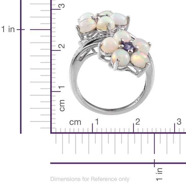 Ethiopian Welo Opal (Rnd), Tanzanite Twin Floral Ring in Platinum Overlay Sterling Silver 3.500 Ct.
