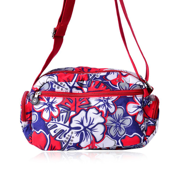 Red, Blue and Multi Colour Floral Pattern Sports Bag With External Zipper Pocket and Adjustable Shoulder Strap (Size 25x18x10 Cm)