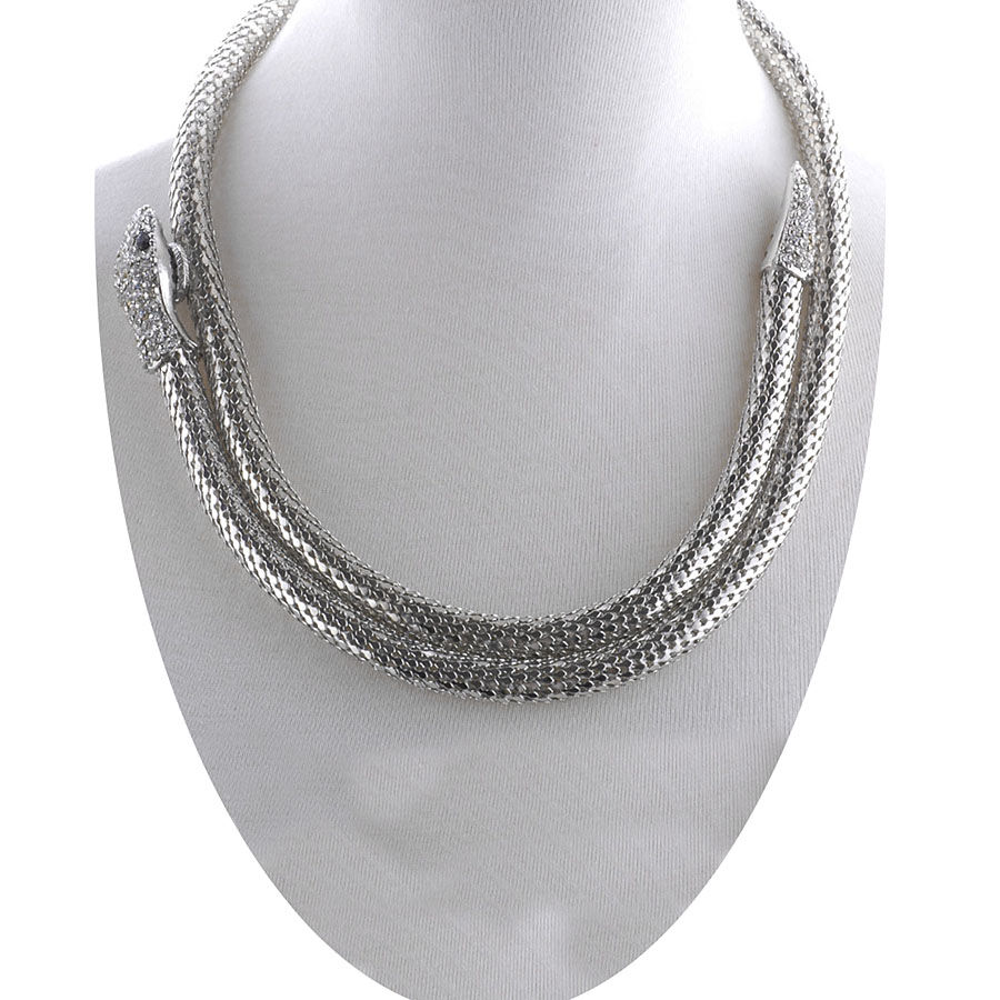 White and Black Austrian Crystal Snake Design Necklace (Size 40) in Silver Tone