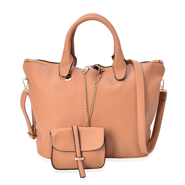 Set of 2 - Tan Colour Handbag With Adjustable and Removable Shoulder Strap (Size 25.5x13.5 Cm and 13