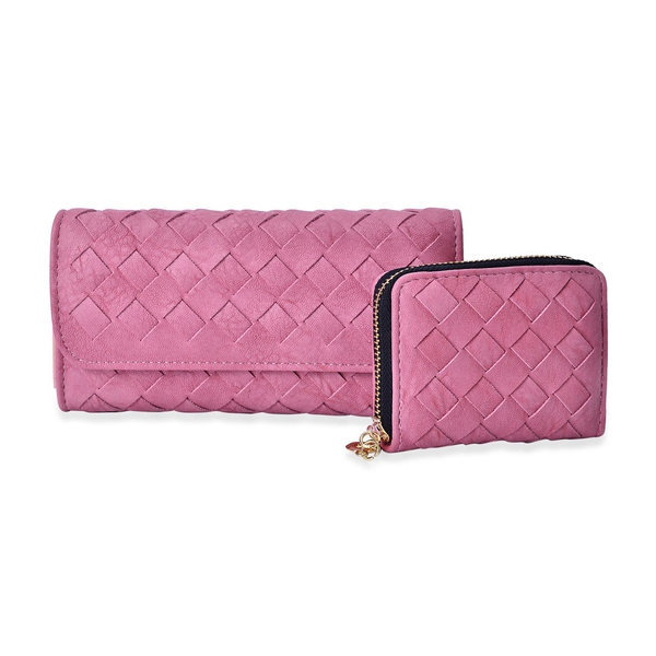 Celina Classic Pink Intrecciato Textured Wallet And Cardholder Set (Size 19x10x2.5 Cm and 10.5x8x2.5