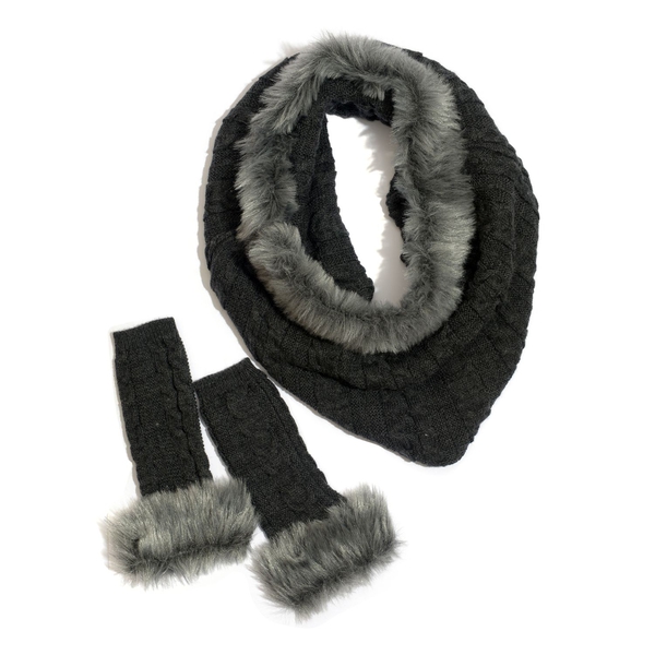 Charcoal Colour Knitted Snood (Free Size) and Hand Gloves with Fur