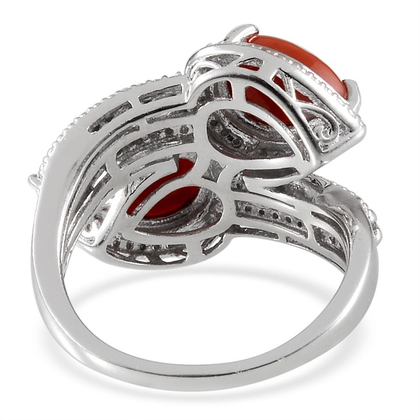 Natural Mediterranean Coral (Pear), Pink Sapphire Crossover Ring in Platinum Overlay Sterling Silver 3.000 Ct.