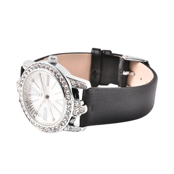 STRADA Japanese Movement White Austrian Crystal Studded Water Resistant Watch with Black Strap