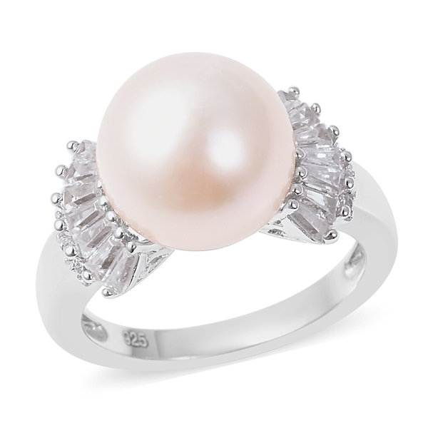 Edison Pearl and Zircon Solitaire Ring in Rhodium Plated Sterling Silver