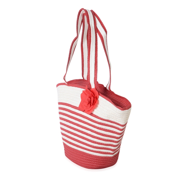 Red and White Colour Flower Adorned Stripe Pattern Tote Bag (Size 47x30x20x13 Cm) and Hat (Size 29x24 Cm)