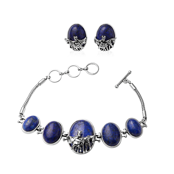 2 Piece Set - Lapis Lazuli Bracelet (Size 8.5 with Extender) and Earrings (with Push Back) 110.50 Ct