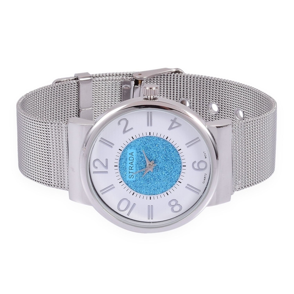 STRADA Japanese Movement Sky Blue Stardust and White Dial Water Resistant Watch in Silver Tone with Stainless Steel Back and Chain Strap