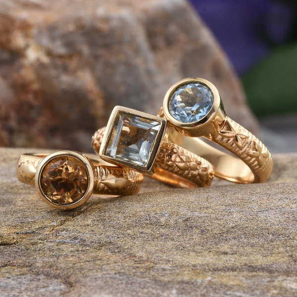 Set of 3 - Green Amethyst (Sqr and Rnd), Sky Blue Topaz and Citrine Solitaire Ring in ION Plated Yellow Gold with Stainless Steel 12.750 Ct.