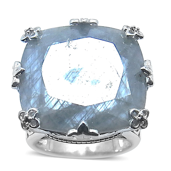 Natural Silver Sapphire (Cush 34.00 Ct), Black Diamond Ring in Rhodium Plated Sterling Silver 34.025