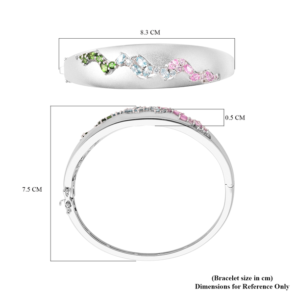 RACHEL GALLEY Sandblast Collection - Blue Cambodian Zircon, Pink Sapphire, Chrome Diopside and Dendritic Opal Bangle (Size 7.5) in Rhodium Overlay Sterling Silver 4.85 Ct, Silver wt 32.56 Gms