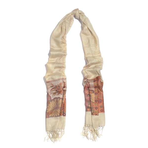 100% Modal Orange and Multi Colour Floral and Leaves Pattern Beige Colour Jacquard Scarf (Size 190x70 Cm)