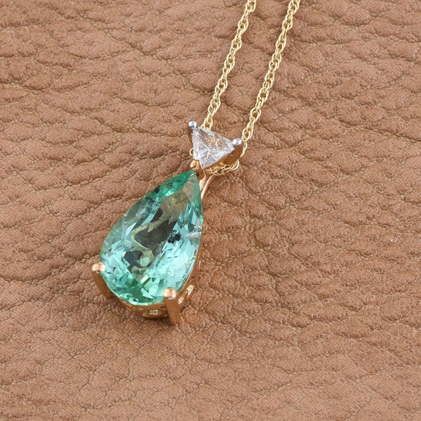 ILIANA 18K Y Gold Boyaca Colombian Emerald (Pear 3.30 Ct), Diamond Pendant With Chain 3.400 Ct.