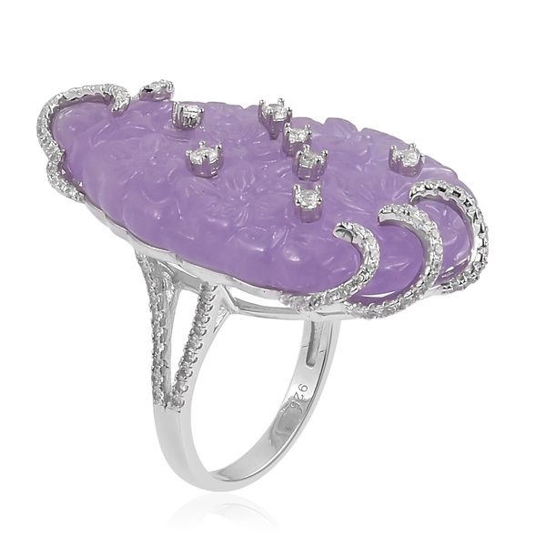 Purple Jade and Natural White Cambodian Zircon Ring in Rhodium Plated Sterling Silver 41.830 Ct. Number of Gemstone 109