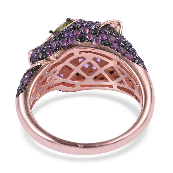 Designer Inspired- Zambian Amethyst,Boi Ploi Black Spinel and Chrome Diopside Panther Face Ring in Black and 14K Rose Gold Overlay Sterling Silver 2.850 Ct. Silver wt 6.50 Gms.