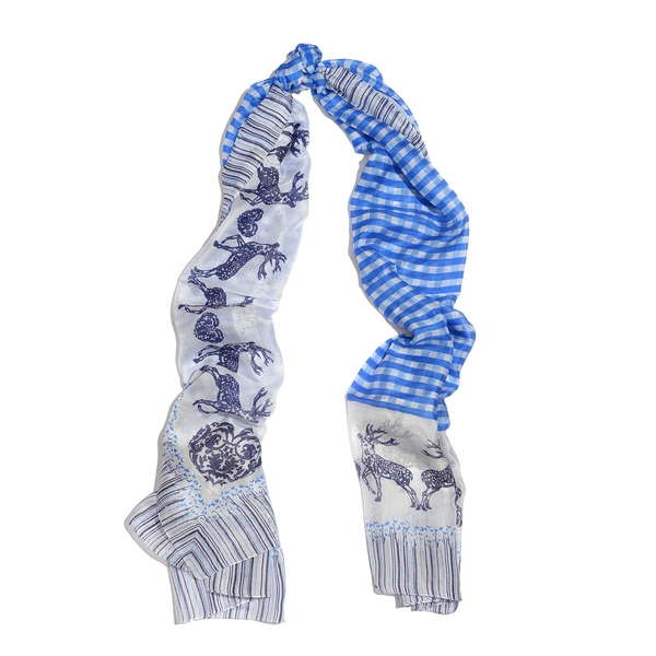 Last Chance - 100% Mulberry Silk Blue and White Colour Deer Pattern Scarf (Size 180x100 Cm)